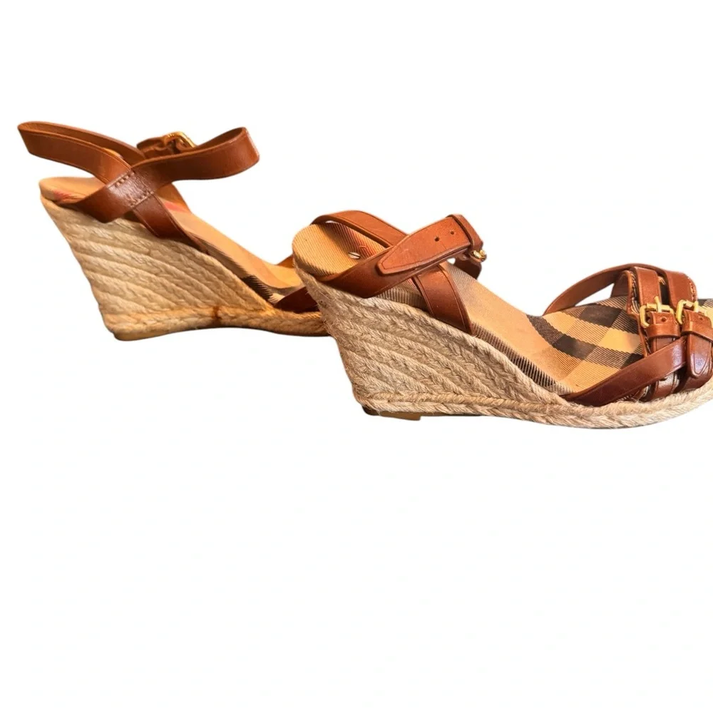 Burberry Tan Leather Check Canvas Espadrille Wedge Sandals Italy Size 35 in GUC